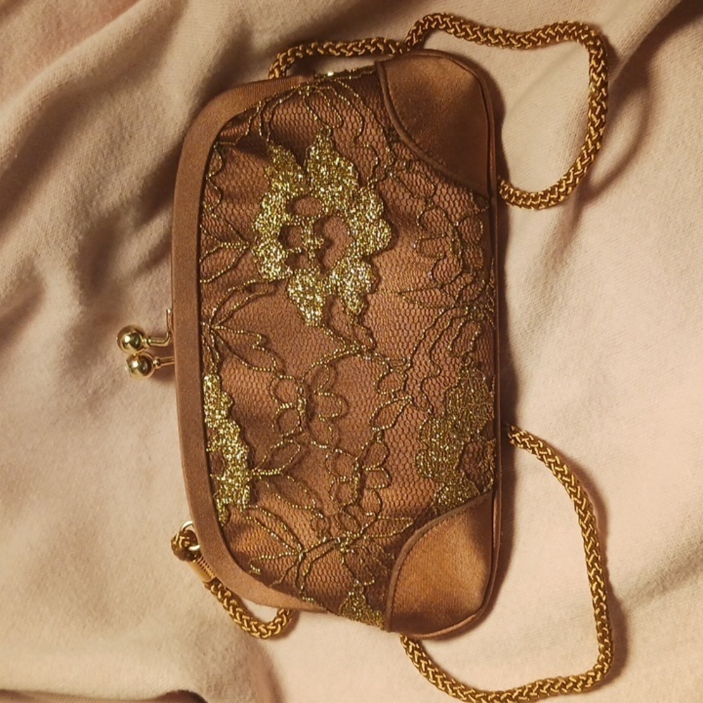 Kate Landry Brown Satin Small Corded Evening Bag w/ Gold Leaf Design